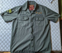 Hard Rock Cafe Military Army Green Button Down Shirt Patches Hollywood S... - £15.12 GBP