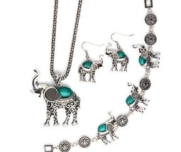 Turquoise Elephant Vintage Gift Set Antique Style Necklace, Bracelet, Earrings - £15.62 GBP
