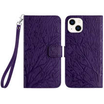 For iPhone 15 Plus Tree Birds Embossed Pattern Leather Phone Case(Purple) - £3.94 GBP