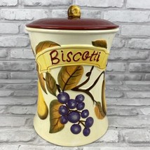 Nonni&#39;s Biscotti Cookie Jar Grapes And Pears Hand Painted Ceramic Red Lid - $25.39