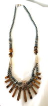 Women&#39;s Fashion Statement Necklace Wood Tone Acrylic and Steel Color Beads - £8.15 GBP