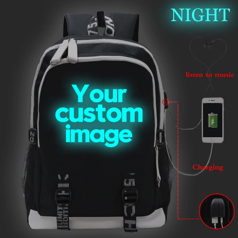 2022 Customize Your Logo Image School Bags Luminous Backpack Laptop Bag USB - $47.27