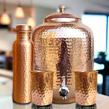 Handmade 100% Pure Copper Dispenser Water Pitcher Pot 8L With 2 Glass 1 ... - $84.01
