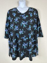 Woman Within Womens Plus Sz 2X (26/28) Blk/Blue Floral V-neck T-shirt 3/4 Sleeve - £14.06 GBP