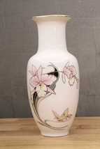 Vintage Fine China Japan Gold Trim Flower Vase Pink ORCHID Flowers &amp; Butterfly - £19.04 GBP
