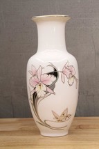 Vintage Fine China Japan Gold Trim Flower Vase Pink ORCHID Flowers &amp; But... - £19.02 GBP