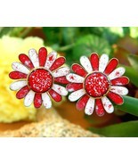 Vintage Metal Earrings Enamel Daisy Flower Red White Speckles Clip-Ons - £15.81 GBP