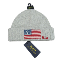 Polo Ralph Lauren RL 67&#39; Wool Blend Knit USA Flag Beanie One Size Grey NEW - £53.02 GBP