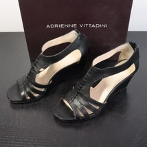 Adrienne Vittadini Lark Women&#39;s 8M Black Leather Wedge Strappy Sandal Heels - £17.70 GBP