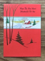 Vintage Ephemera Gibson Cabin In The Snow Pine Trees Red New Years Card - £7.74 GBP