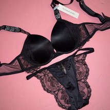 Nwt Victoria&#39;s Secret 36C Bra Set M Panty Butterfly Black Lace Shine Strap Sexy - £71.65 GBP