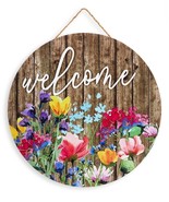 Door Welcome Sign Plaque 15.8&quot; Diameter Wood Floral with Rope Hanger - $40.32 CAD