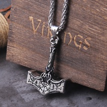 Vikings Thor&#39;s Hammer Mjolnir Rune Amulet Necklace Stainless Steel Chain Pendant - £15.01 GBP