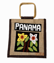 Embroidered Appliqué Tote Bag Burlap Jute Wood Handles Flowers Panama Signed - £10.17 GBP