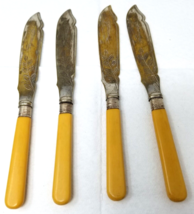 Yellow Bakelite Fish Knives Leaf Pattern Plated EPNS Set of 4 - $18.95