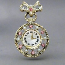 Vintage Gold Tone Faux Clock Brooch with Pink Rhinestones &amp; Faux Pearls - $5.94