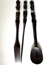 Vintage African Hand Carved Wooden dark Wood Large Spoon Fork &amp; Knife Set - £18.87 GBP