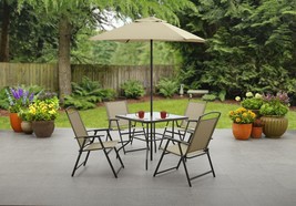 Patio Dining Set 6-Piece Outdoor Tan Table and Chairs Umbrella Garden Ba... - £106.49 GBP