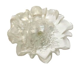 Christmas Glass Etched Pedestal Plates Ruffled Edge 3D Frosted Little Gi... - $17.55