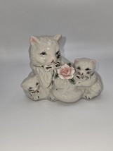 Vintage Kitschy Porcelain Cat &amp; Kittens Figurine Gold Trim Pink Roses - $23.44 CAD