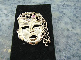 Mardi Gras Thai Style Oriental Mask Brooch Hat Lapel Pin Pink Stone Gothic  - £19.85 GBP