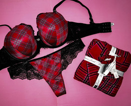 Victoria&#39;s Secret 34C,38C,38D,38DDD Bra Set+Flannel Pj Set Red Black Plaid Xmas - £110.38 GBP