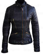 New Handmade Woman Black Brando Quilted Padded Cowhide Leather Jacket Zi... - $167.39+