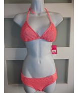 Candies 2 Pc Bikini Set Padded/Lined Top &amp; Bottom Crochet Coral Silver S... - $34.94 CAD