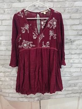 Mi ami Boho Burgundy Lined Mini Dress Blouse White Stitched Floral Desig... - $39.99