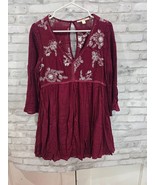 Mi ami Boho Burgundy Lined Mini Dress Blouse White Stitched Floral Desig... - $54.32 CAD