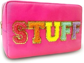 Preppy Makeup Bag with Chenille Letter Patch, Nylon Cosmetic Bag (Rose) - £12.77 GBP