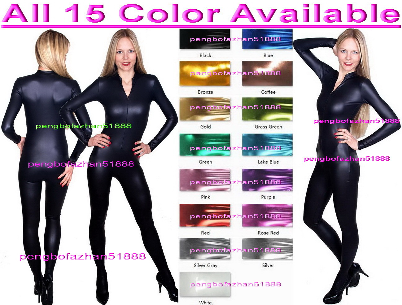 Sexy Front Zip Body Suit 15 Color Shiny Metallic Suit Costumes No Head/Hand S967 - $32.99