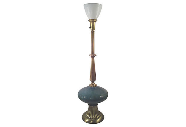 Vintage Turquoise Rembrandt Table Lamp, Ceramic and Brass Tall Table Lamp - $585.00