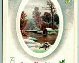 Happy New Year Holly Winter Cabin Scene Embossed 1911 DB Postcard G12 - $3.51