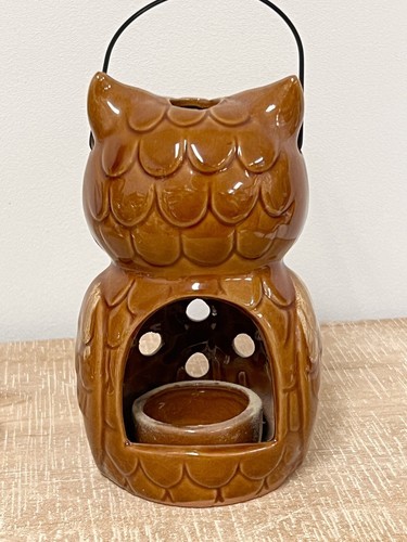 Vintage 6” Ceramic Owl VOTIVE CANDLE LANTERN - MCM HANG OR STAND 70s Item image 5