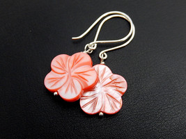 Red Flower Earrings, Mother of Pearl Floral Dangles - £22.02 GBP
