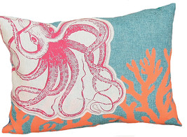 13&quot; X 18&quot; Red Orange Octopus Coastal Polyester Pillow With Applique - £41.79 GBP