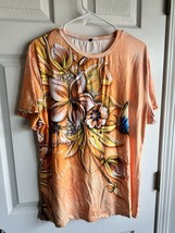 Orange Floral Soft Short Sleeve Women’s Top With Blue Butterfly Design - $218.08 MXN