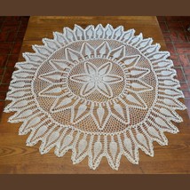 Vintage Hand Crocheted Ivory Floral Star Round Tablecloth 48&quot; diameter - £70.09 GBP