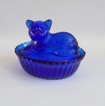 Vintage Cobalt Blue Glass Cat Candy Dish With Lid - £31.52 GBP