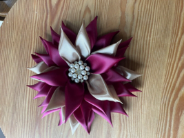 GORGEOUS BURGUNDY AND GOLD KANZASKI FLOWER FOR BROOCH, CORSAGE OR HEADBAND - $11.88