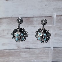 Vintage Screw Back Earrings Dark Silver Tone &amp; Turquoise Tone Dangle - £13.31 GBP