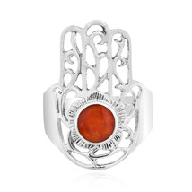 Protective Hamsa Hand Round Synthetic Coral Inlay Sterling Silver Ring-9 - £12.00 GBP