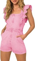 PLNOTME Women&#39;s Cute Denim Rompers Cotton Ruffle Cap Sleeve Square Neck ... - $59.99