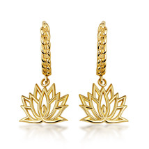 10K or 14K Yellow Gold Lotus Bloom Flower Cuban Link Huggies Earrings - £167.45 GBP+