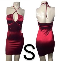  Burgundy Wine Red Satin Silky Halter Mini Dress~ Size S - £41.23 GBP