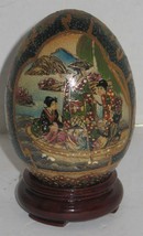 Vtg Enamel Cloisonne Satsuma Oriental Porcelain Decorative Egg on Wooden Stand - £22.59 GBP