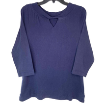 Chicos 1 Tee Shirt Women M Navy Blue Twist Keyhole Round Neck 3/4 Sleeves Cotton - £8.58 GBP