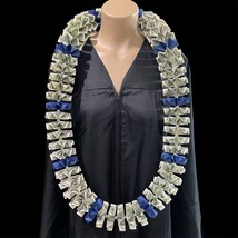 Graduation Money Celebration Lei $50 Crisp Bills Folded Blue W/silver Beads - $117.81