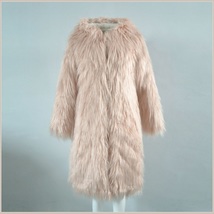 Pink Hooded Fluffy long Hair Angora Goat Faux Fur Long Trench Coat Jacket image 2